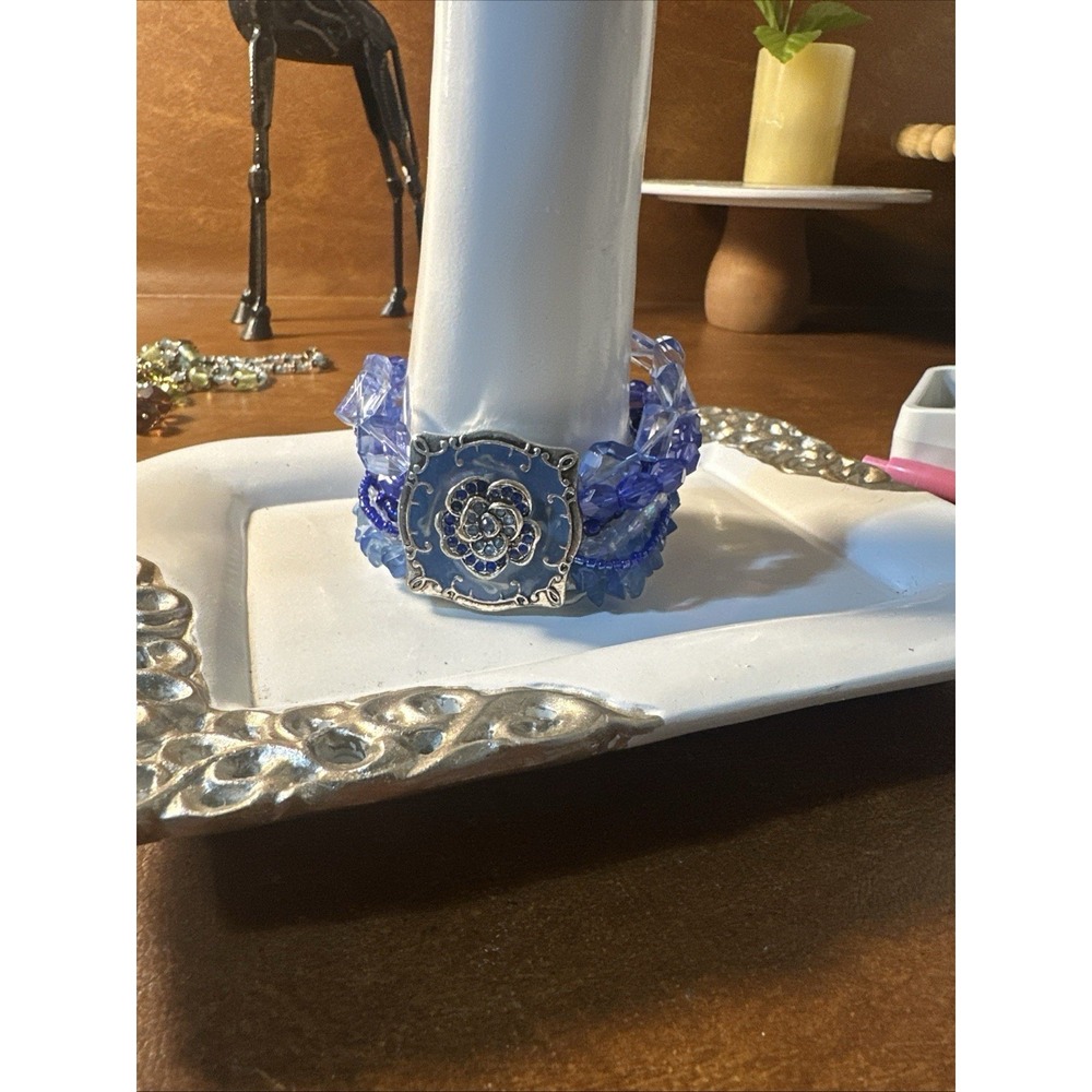 Gorgeous 6 Strand Bracelet With Blue Acrylic Beads And Medallion With Rhinestone